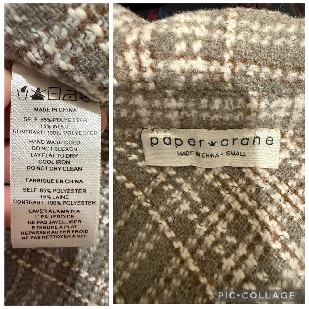 Papercrane Plaid Sherpa Sleeve Shacket Gray Wool Blend Button Front Small - Picture 6 of 8